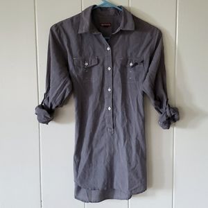 Merona Womens XS Chambray Blue Gray Long Button Front Roll Tab Sleeve Tie Back